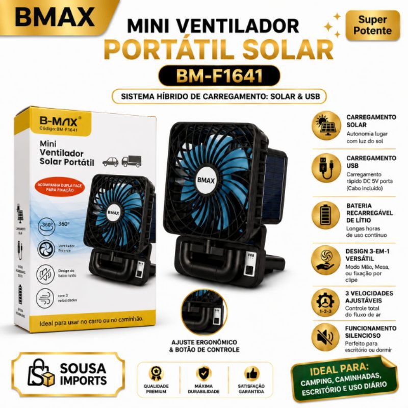 Ventilador Dobrável Vento Forte9W Carregamento Solar e USB Casa e Carro 3 Velocidades Adesivo Fixação BMAX F1641