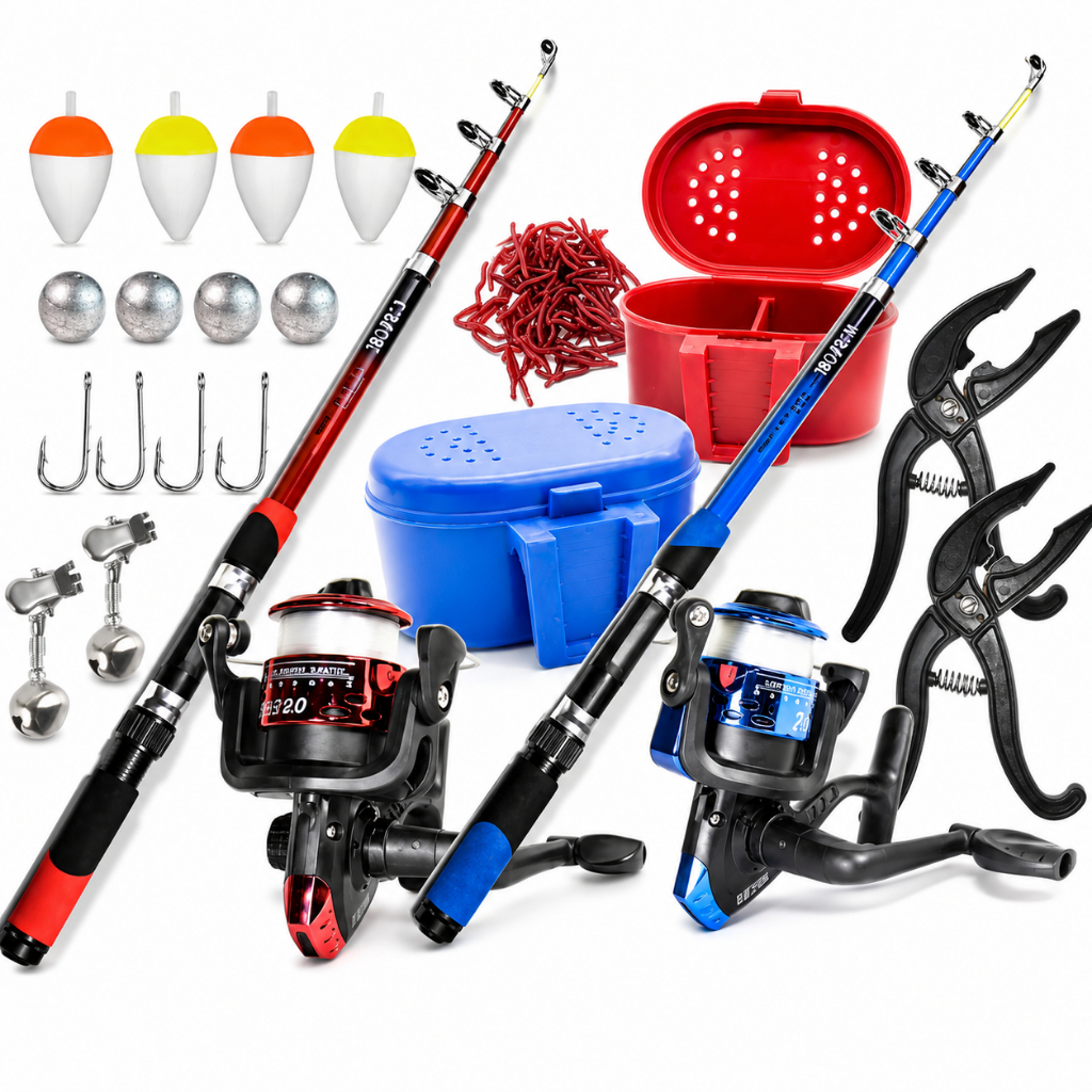 Kit Pesca Completo 2 Varas + 2 Molinetes porta Isca boia anzol alicate Pega Peixe vara resistente retrátil pesqueiro