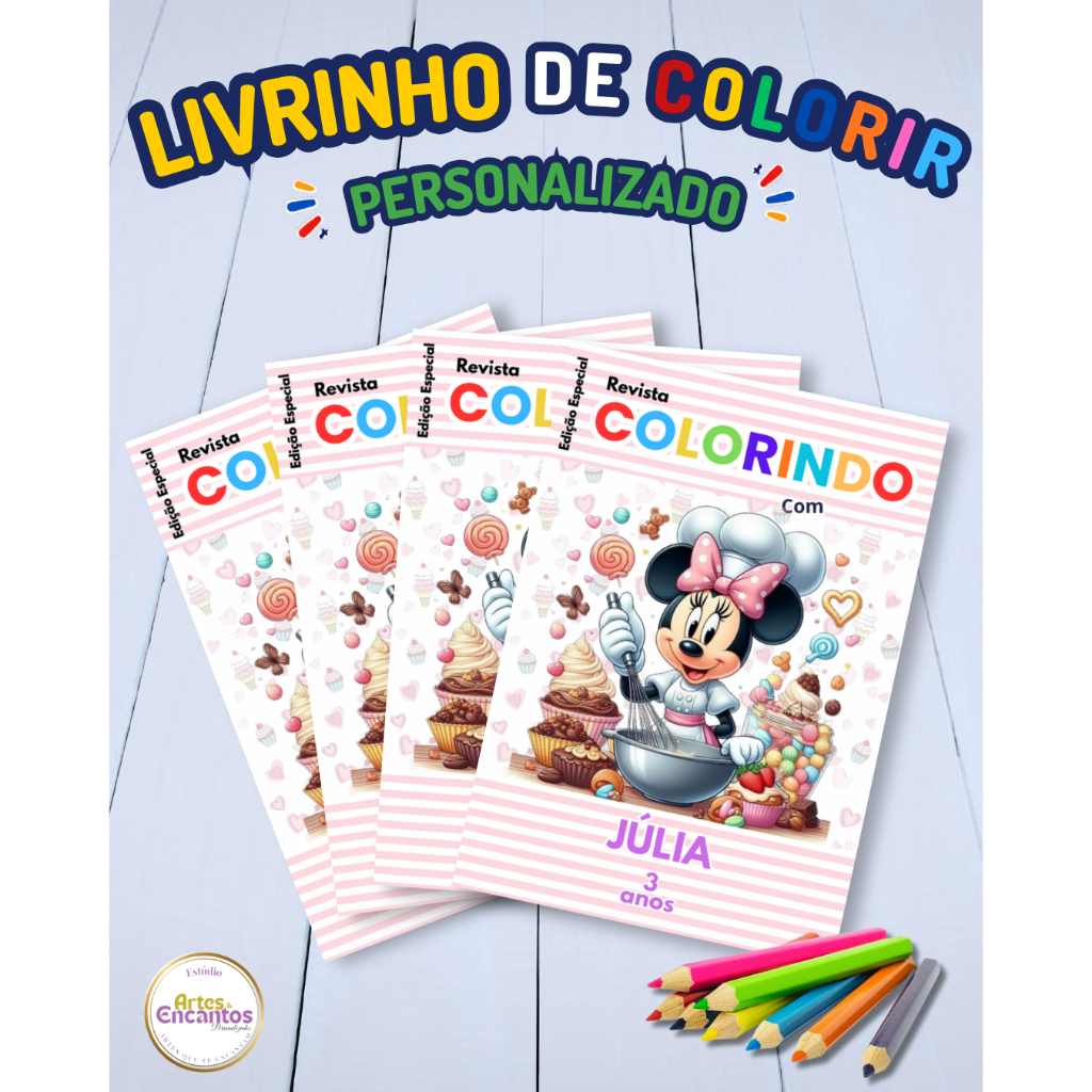 Revistinha de colorir Livrinho Lembrancinha infantil personalizada Aniversário Tema Minie confeiteira