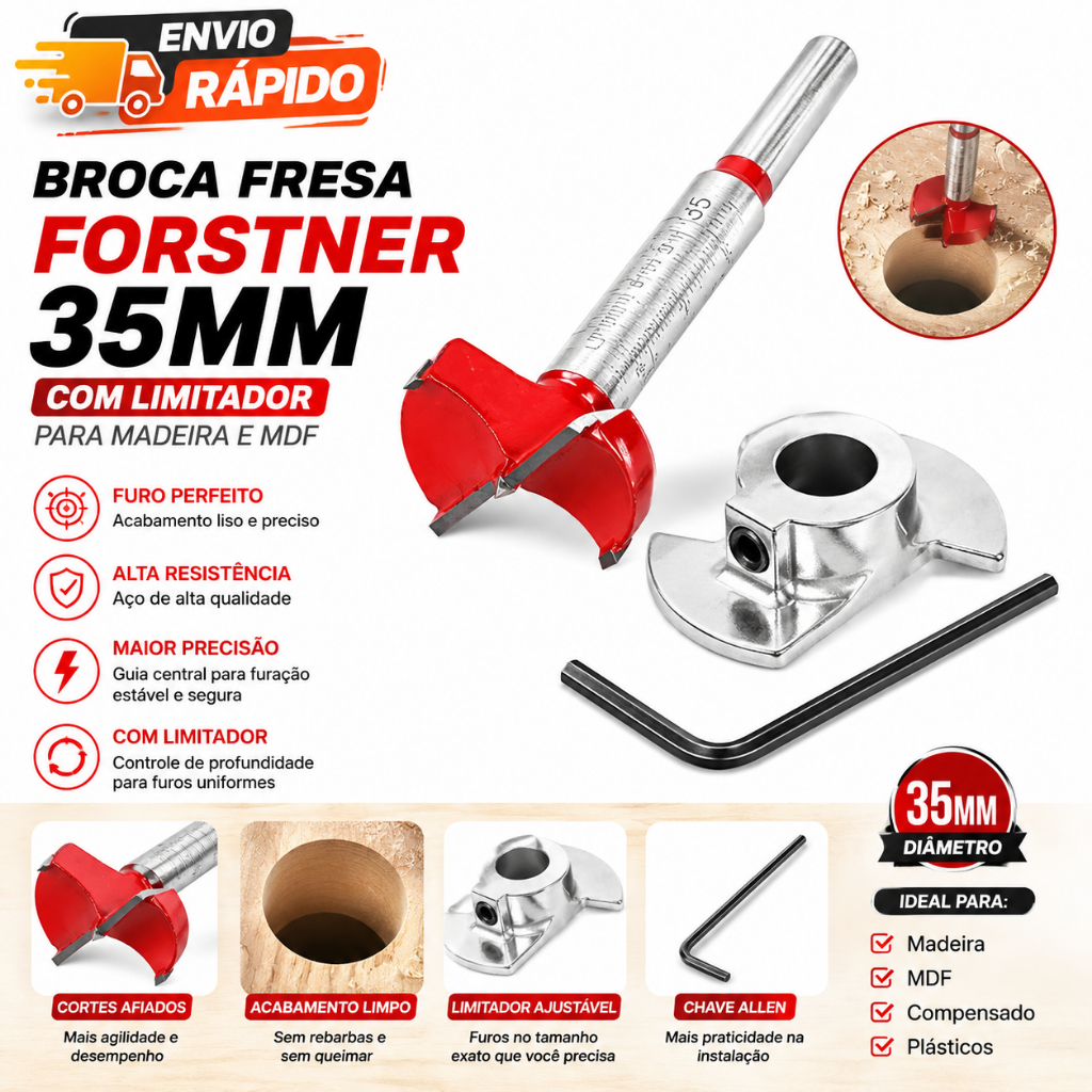 KIT 3 Brocas Fresa Tipo Forstner 35mm Com Limitador P/ Madeira Mdf Dobradiça Caneco Limitador