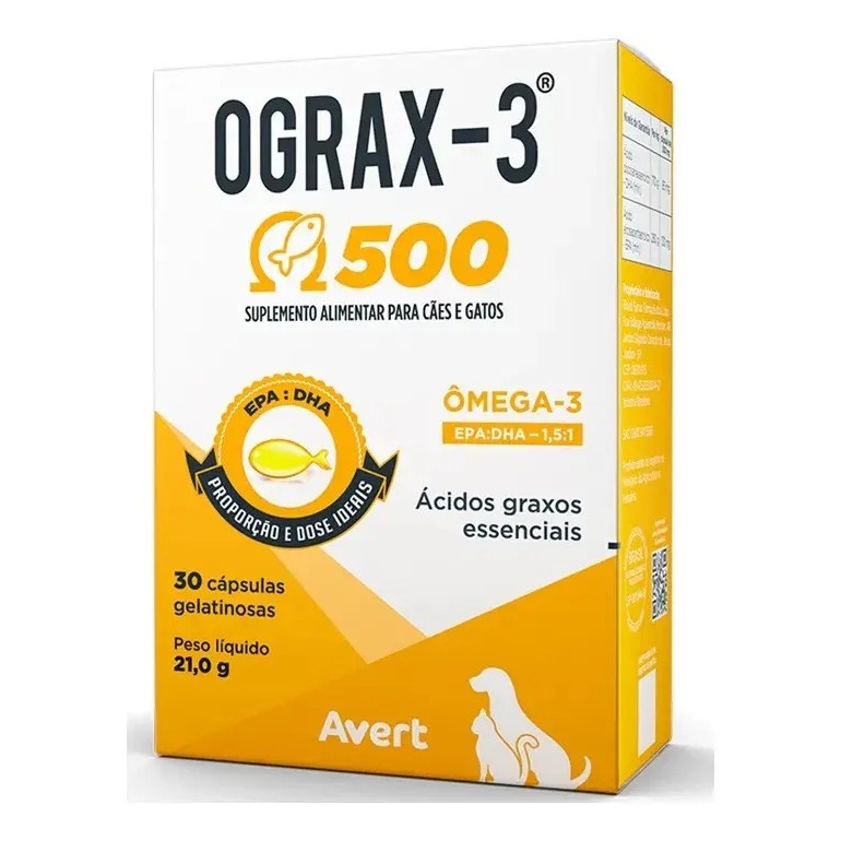 Suplemento Ômega-3 Para Cães E Gatos Avert Ograx-3 500mg 30 Cápsulas