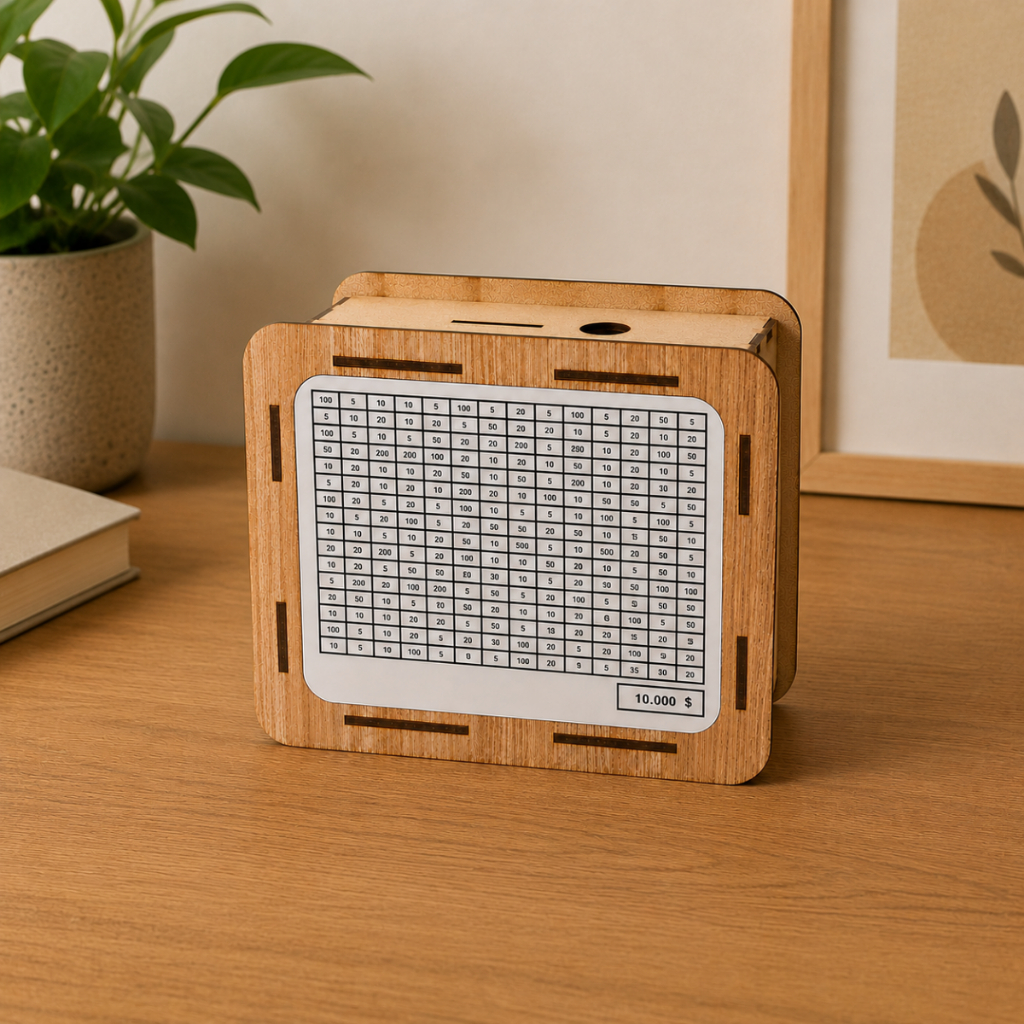 Cofre Woodbox Cofrinho Porta Moedeas Desafio 10.000 em MDF - Método Japonês para Guardar Dinheiro
