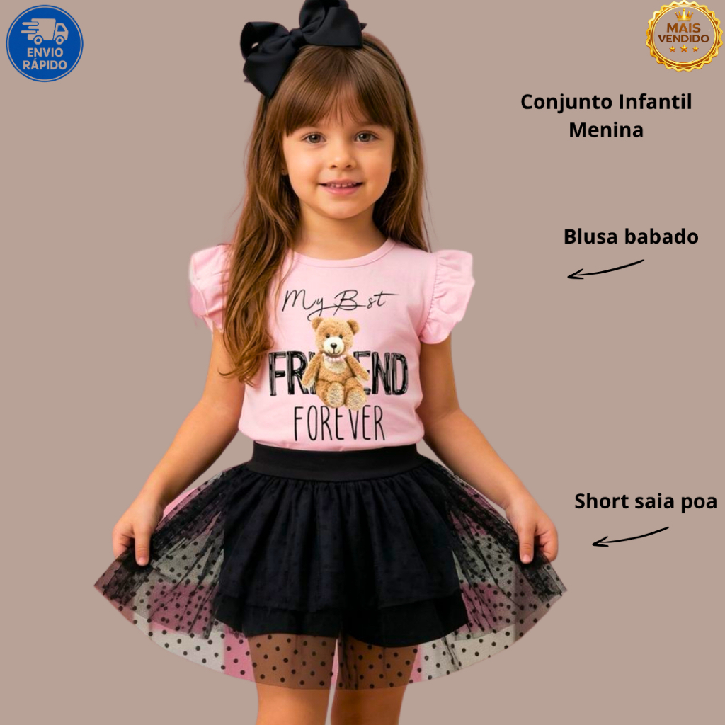 Conjunto Infantil Feminino Ursinho Fashion Blusa Rosa e Short Saia Tule Preta Menina Blogueirinha