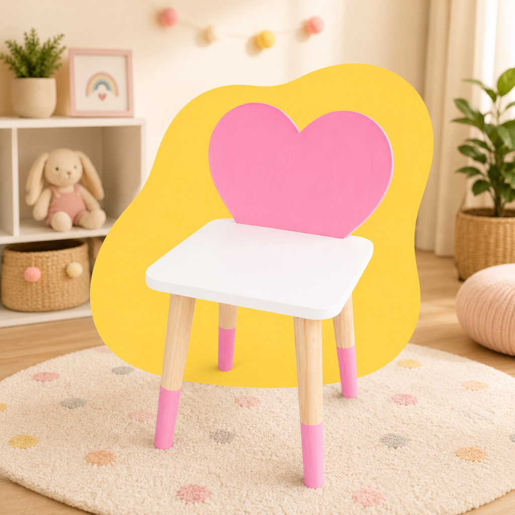 Cadeira Infantil Madeira Coração Grande Rosa Brinquedo Mobiliário Quarto Kit Livro Educativo