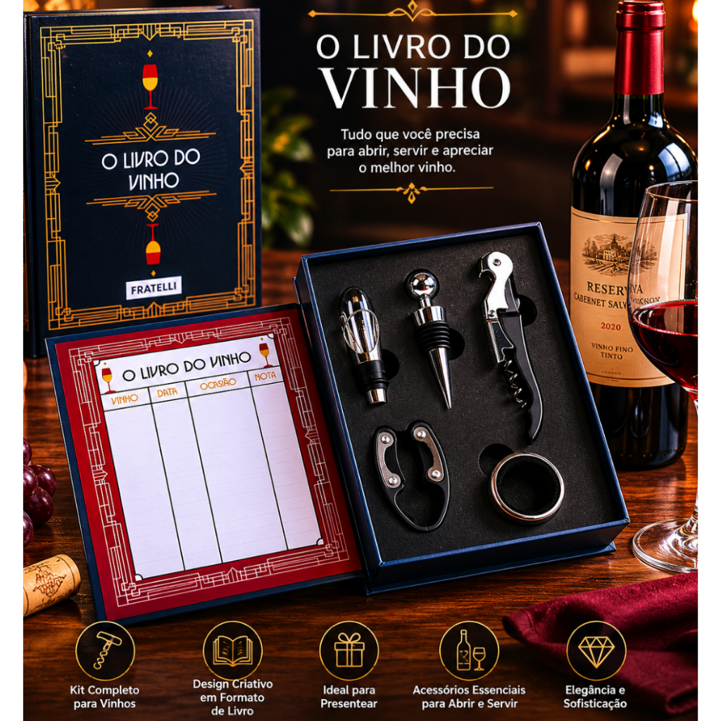 Kit Para Vinho 5 Pçs Livro do Vinho Saca-Rolhas Cortador Lacres Bico Dosador Acessórios Sommelier Presente Amantes Vinho