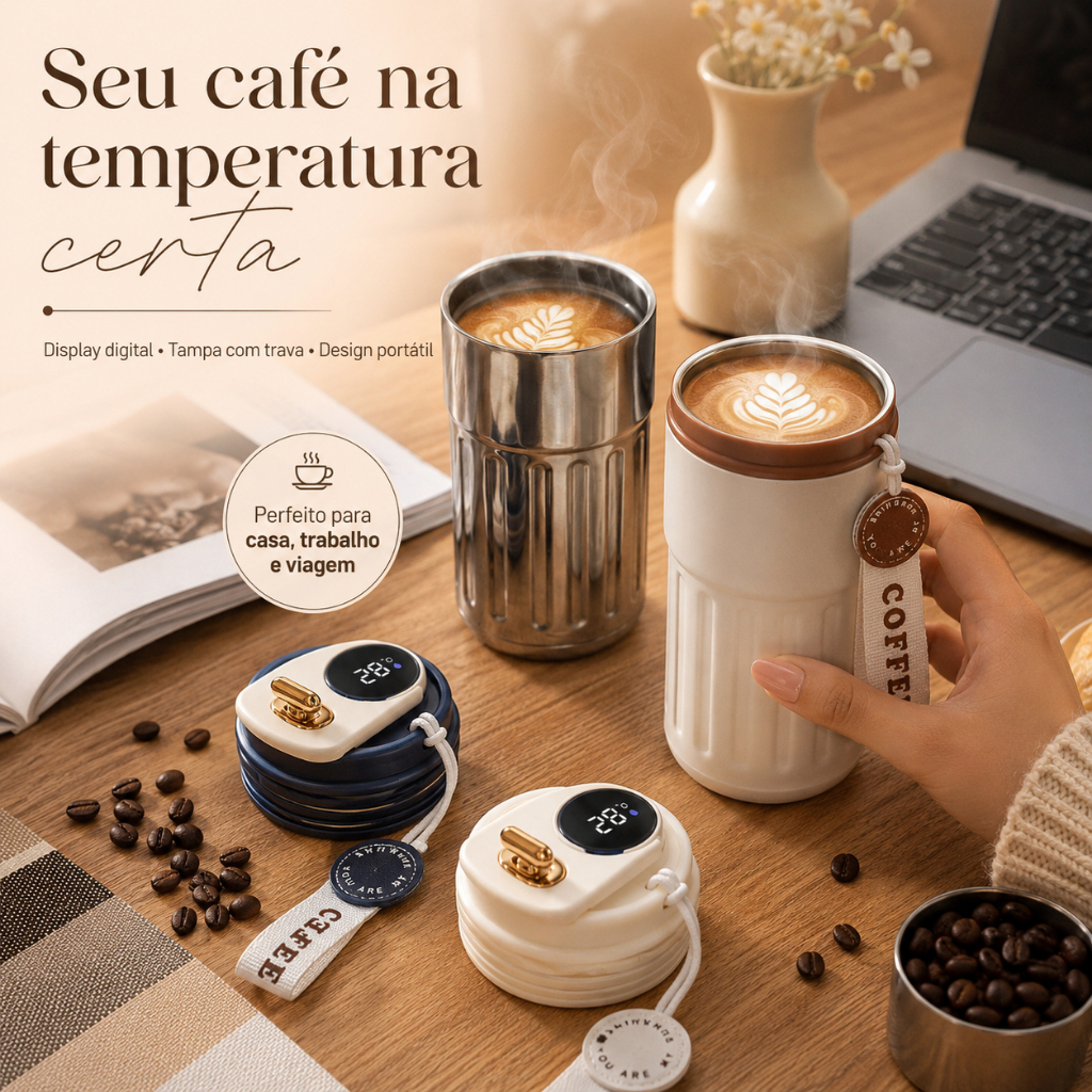 Copo Térmico Inteligente 450ml Aço Inox com Display LED Termômetro Digital para Café e Chá Tampa com Trava
