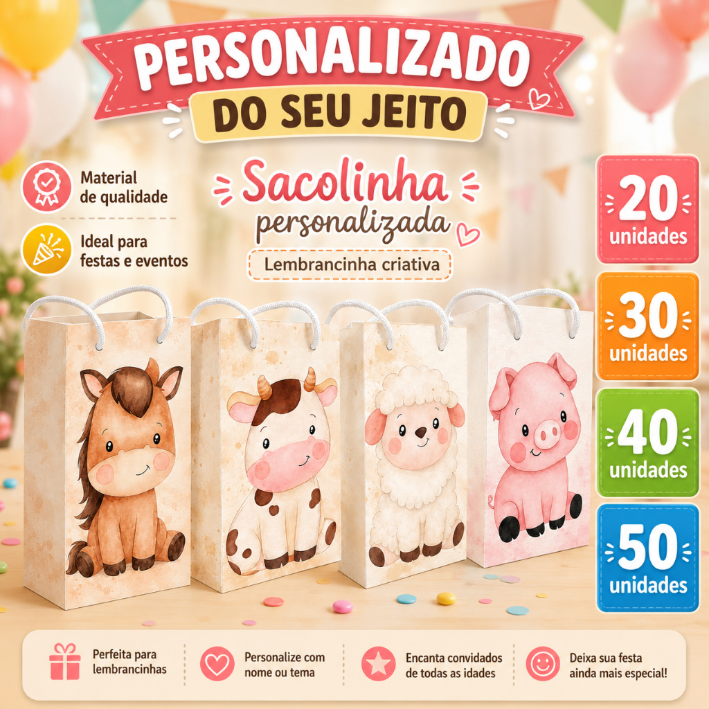 Sacolinha Surpresa Personalizada Lembrancinha Fazendinha, Lembrancinha infantil FAZENDINHA, PEGUE E MONTE