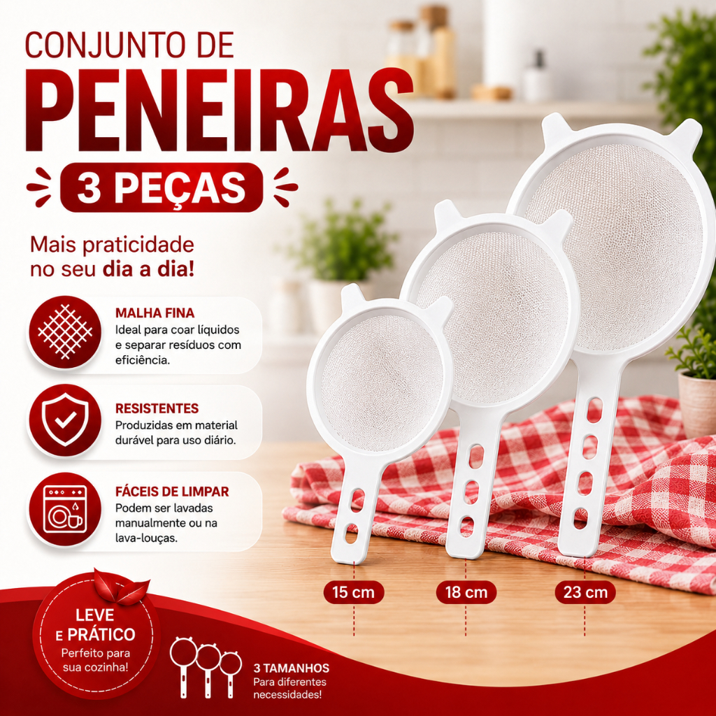 Kit 3 Peneiras Brancas 7/9/11 cm | Peneira Plástica Multiuso para Cozinha