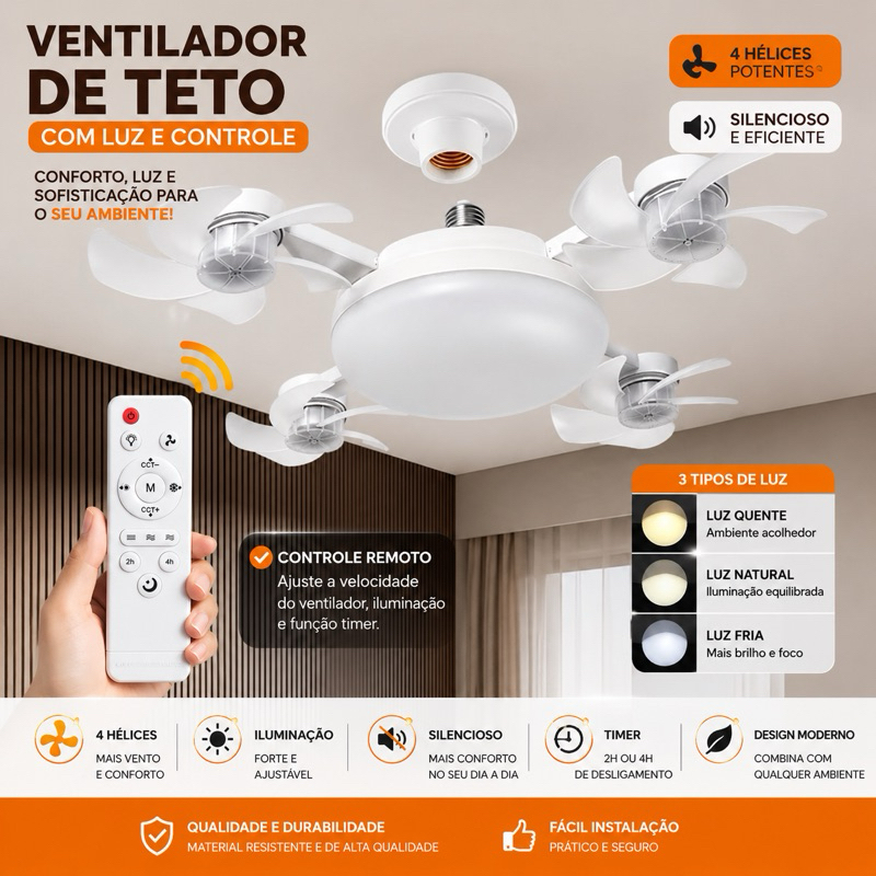 Ventilador de Teto com Lustre LED E27 Silencioso com Controle Remoto 4 Mini Helices Integradas Bivolt