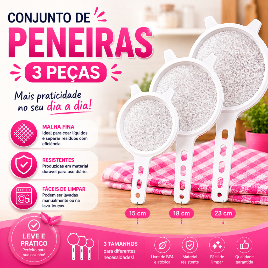 kit Peneiras Coador 3 Peças 7/9/11 cm Branco - Alves Plastic