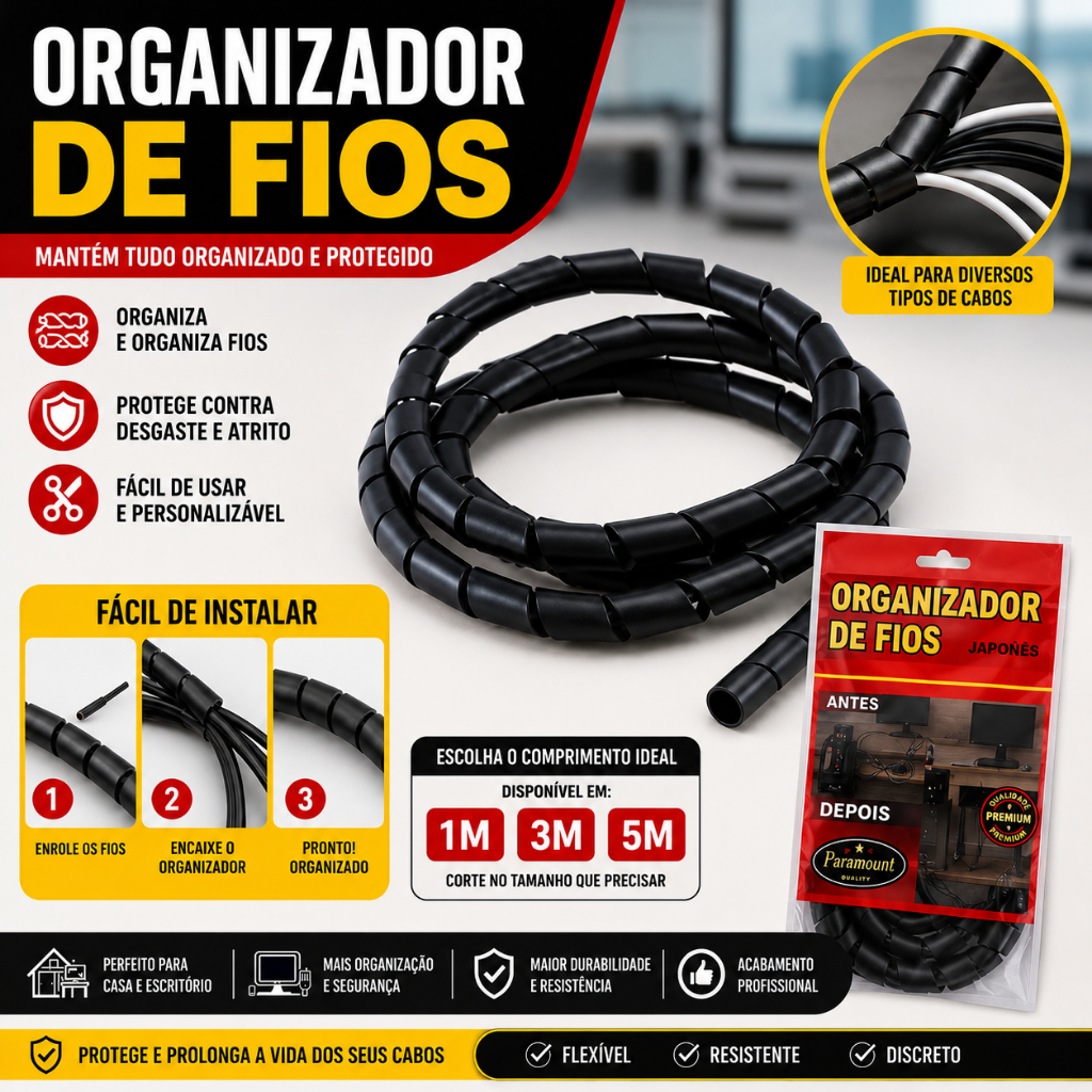 Organizador de Cabos fios Espiral – Protetor para fios e Chicotes, Capa para fios e Chicotes, Fita para Fios e Chicotes
