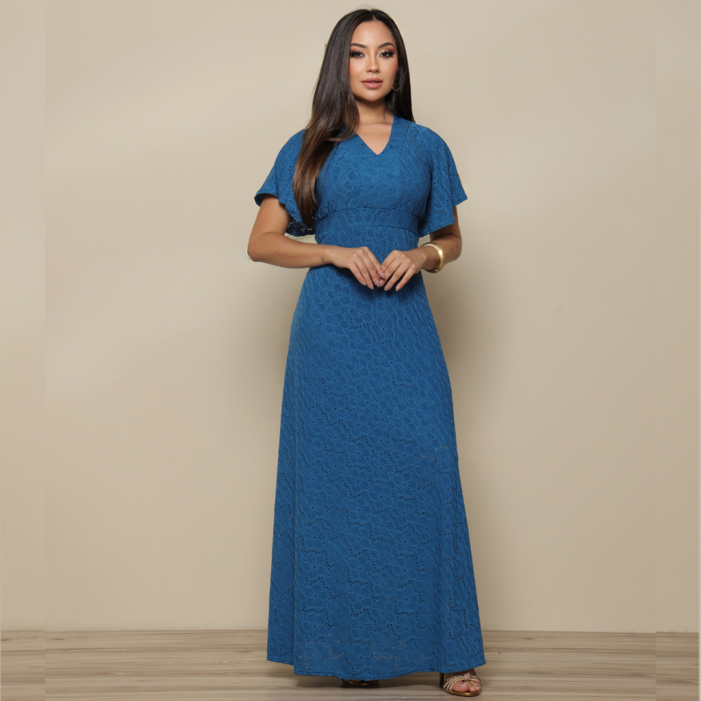 Vestido Longo Feminino em Laise Manga Curta Decote V Elegante Para Eventos