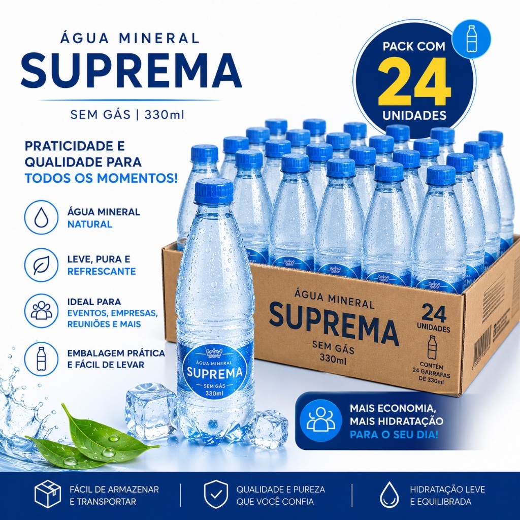 Agua Mineral Pura Sem Gás Suprema 330ml Kit 24Un