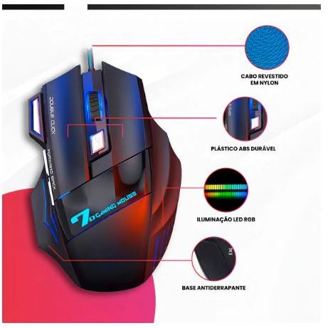 Mouse Gamer B-Max X7 com Fio 7 Botões DPI Ajustável LED Óptico USB