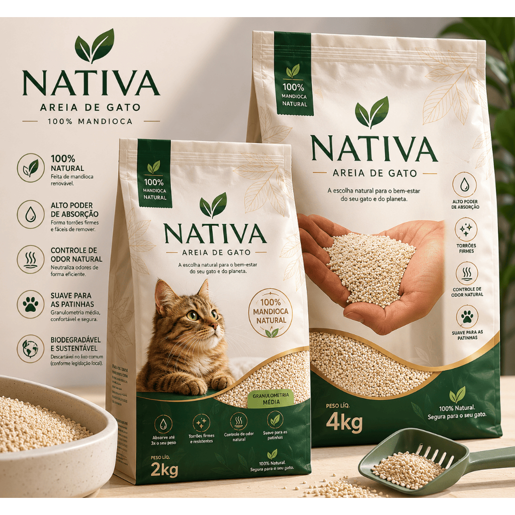 Areia para Gatos Nativa 100% Mandioca | Alta Absorção e Controle de Odores