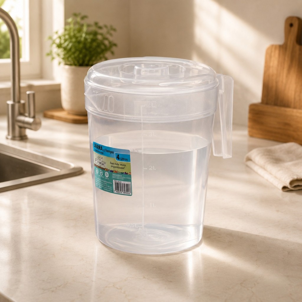 Jarra Plástica Transparente 4 Litros Com Tampa Suco Água Chá Geladeira Cozinha Mesa