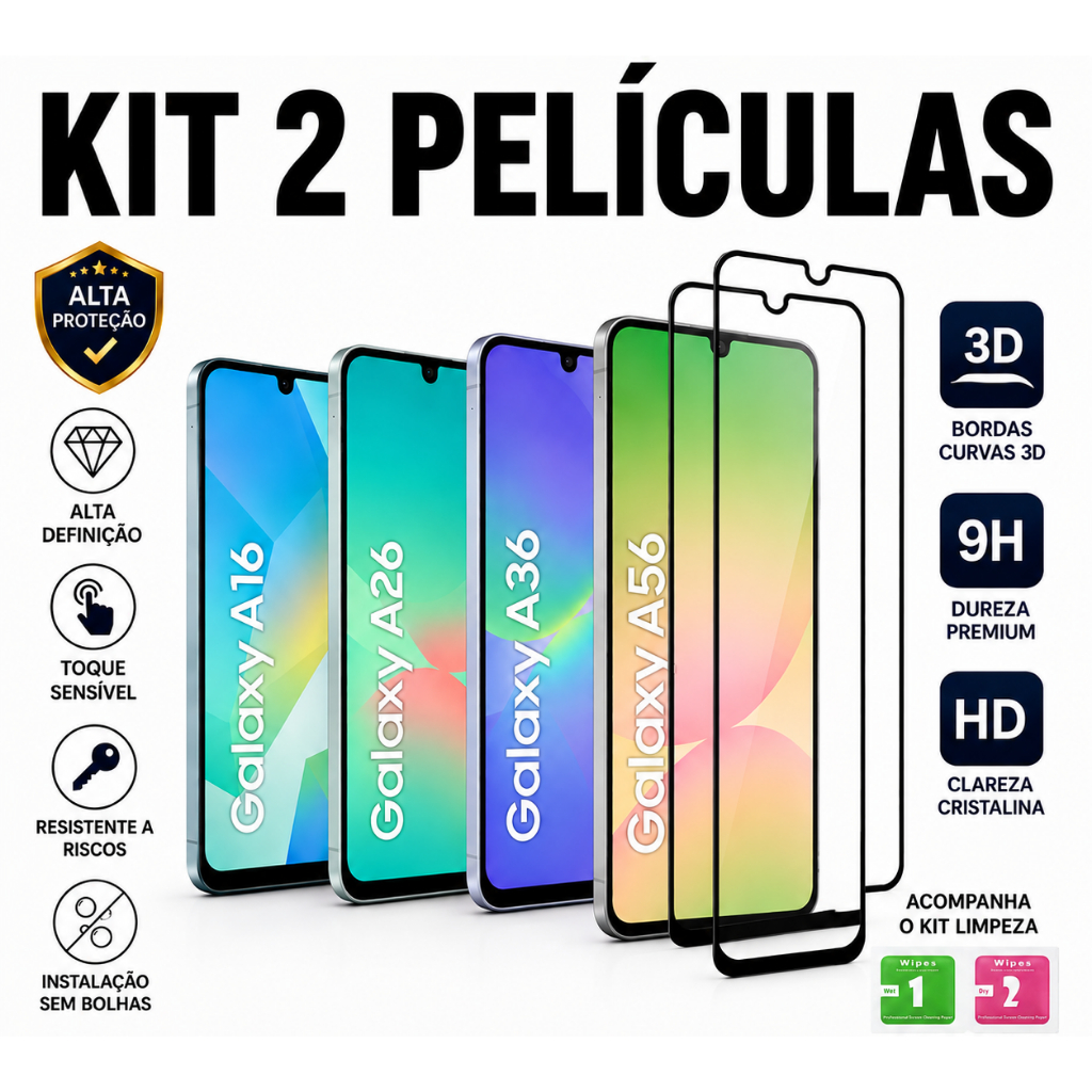 Kit 2 Películas de Vidro Temperado 3D Pelicula Samsung A16 A26 A36 A56 Borda Preta