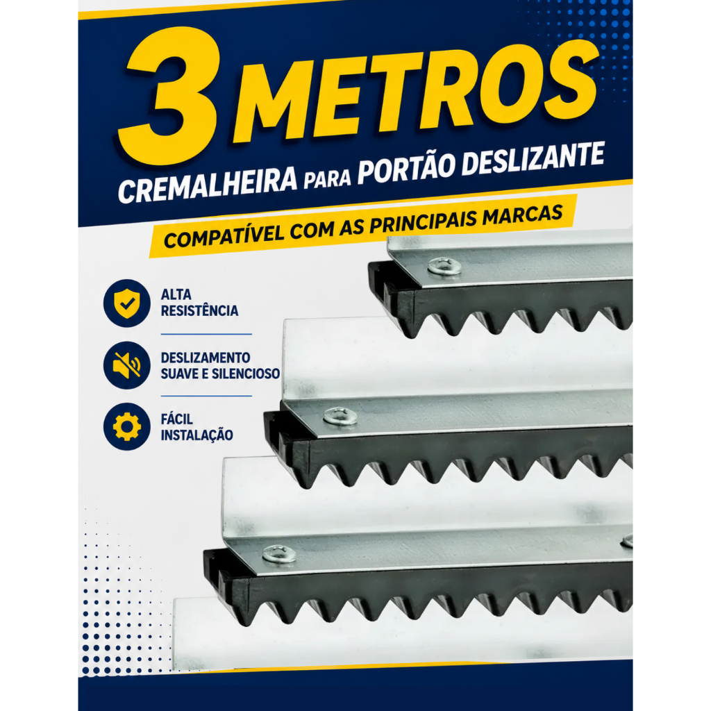 Kit 3mts Cremalheira Para Portão Eletrônico Barra Dentada Instalação rápida Compatibilidade Universal Com Furos