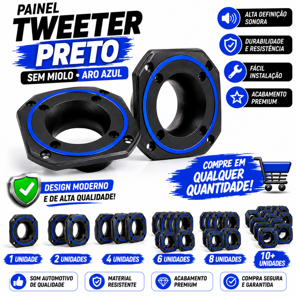 Painel Tweeter Zetta Tiger Preto Som Automotivo Sem Miolo Aro Azul