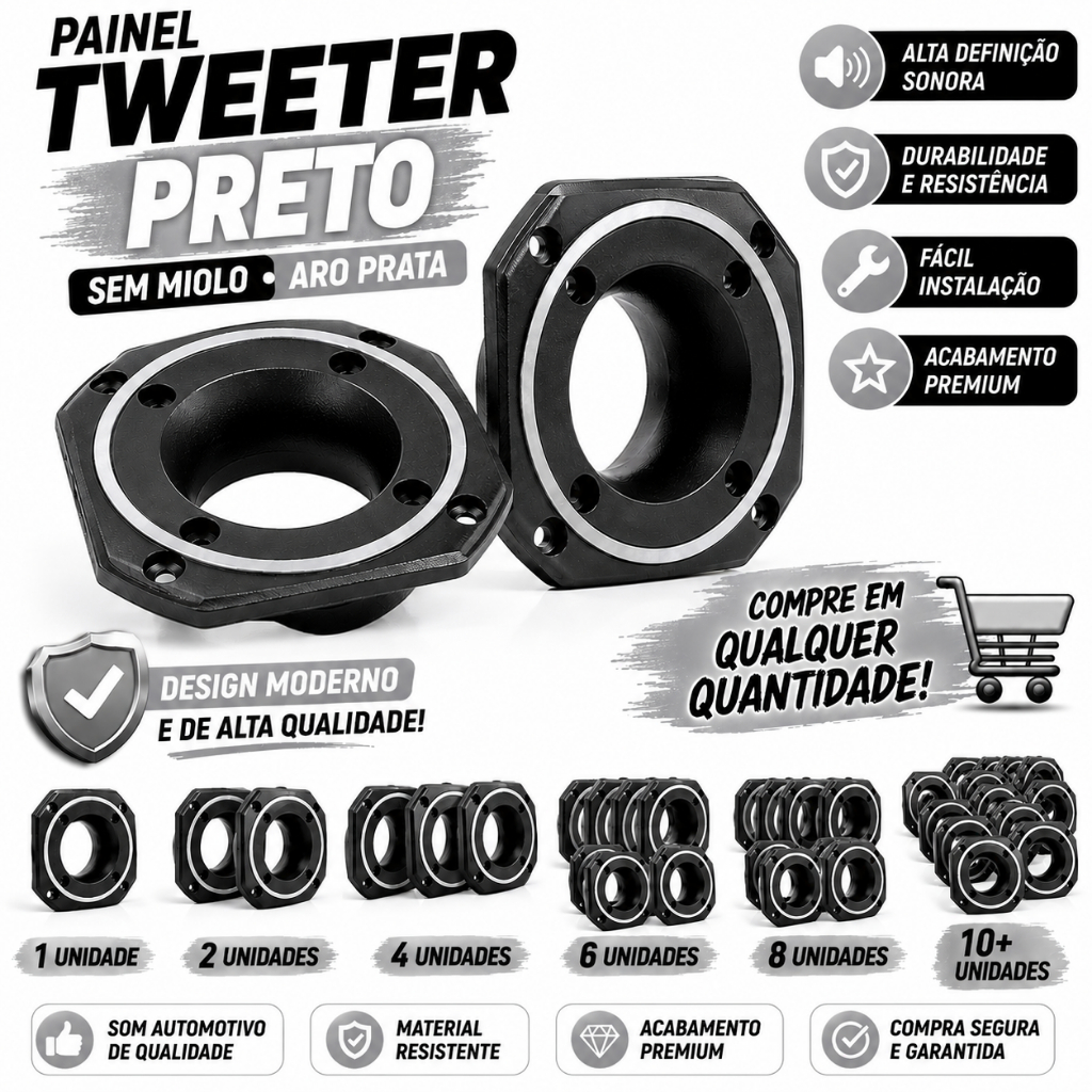Painel Tweeter Zetta Tiger Preto Som Automotivo Sem Miolo Aro Prata