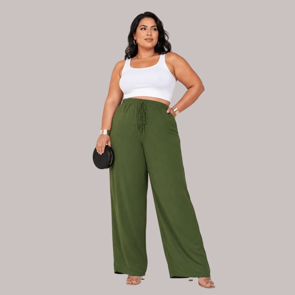 Calça Pantalona Plus Size Feminina Elástico Na Cintura Com Bolso Cintura Alta Tecido Duna