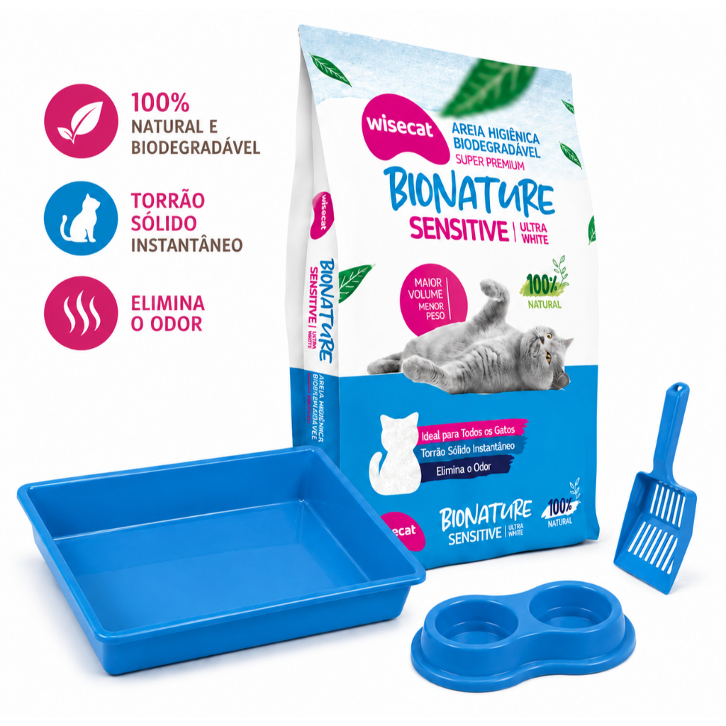 Kit Bandeja Higienica Azul Para Gatos + Pa + Comedou e Bebedouro +Areia Bionature Sensitive 2 Kg