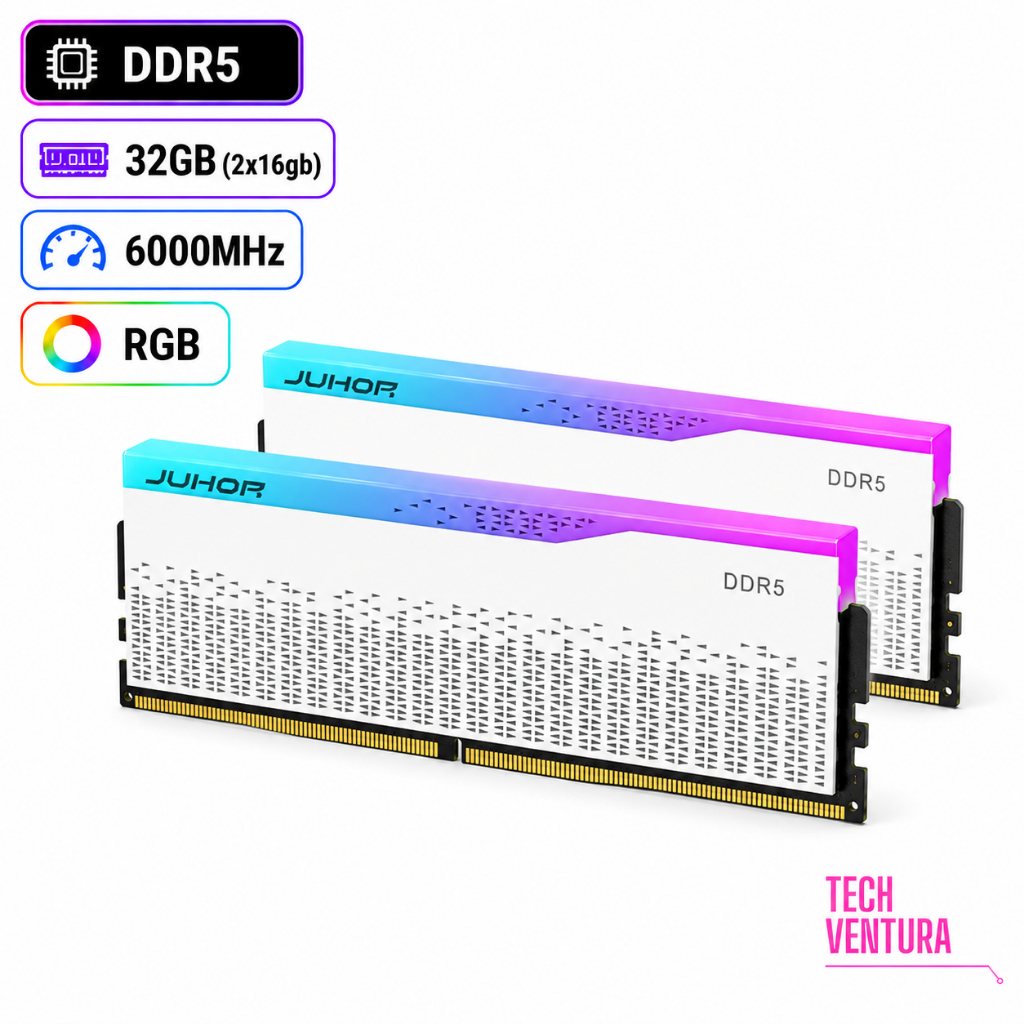 Kit Memória RAM Juhor DDR5 32GB 2x16GB 6000MHz CL38 RGB Branca Nova