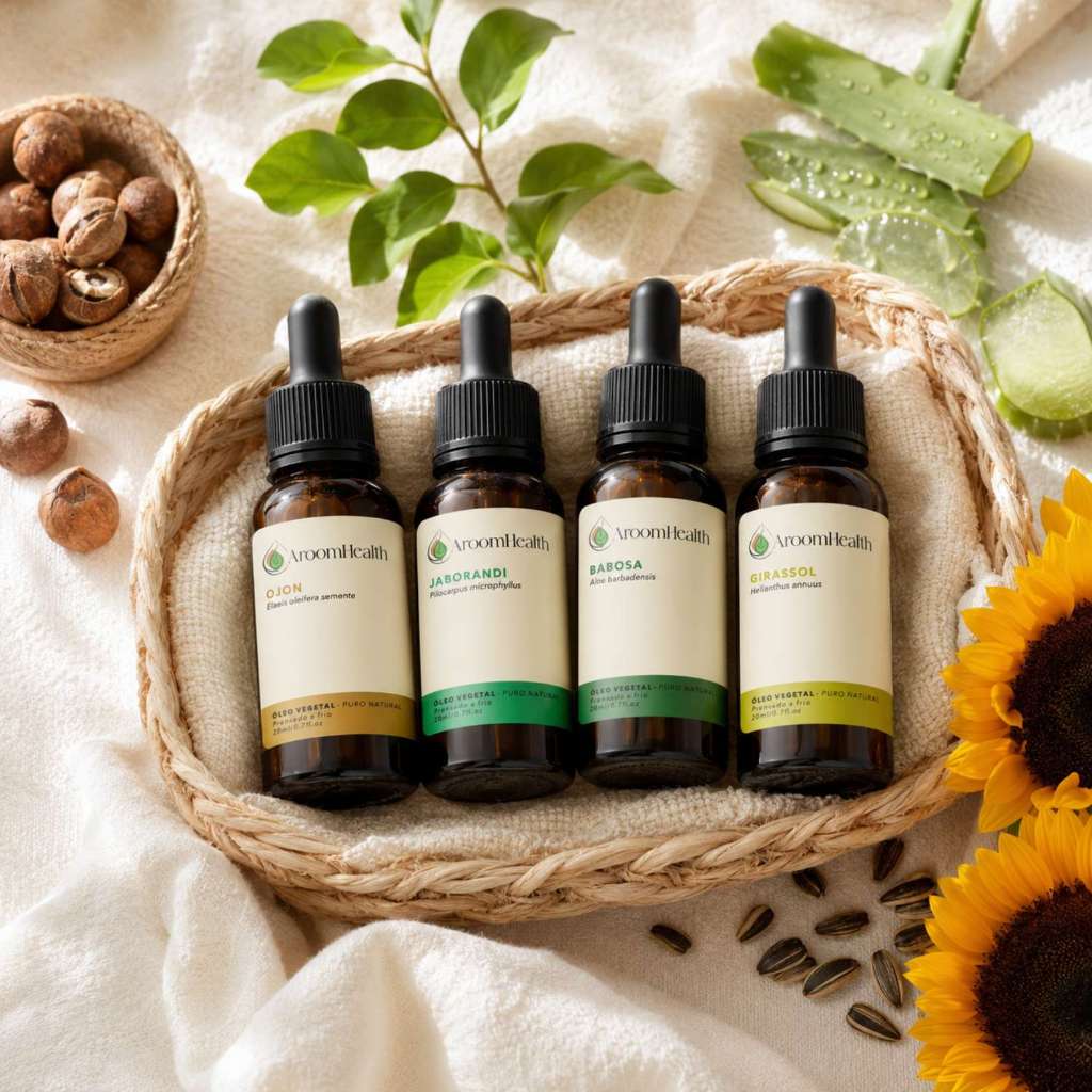 Kit de óleos vegetais puro natural – Semente de Ojon, Jaborandi, Babosa e Girassol – 20 ml cada