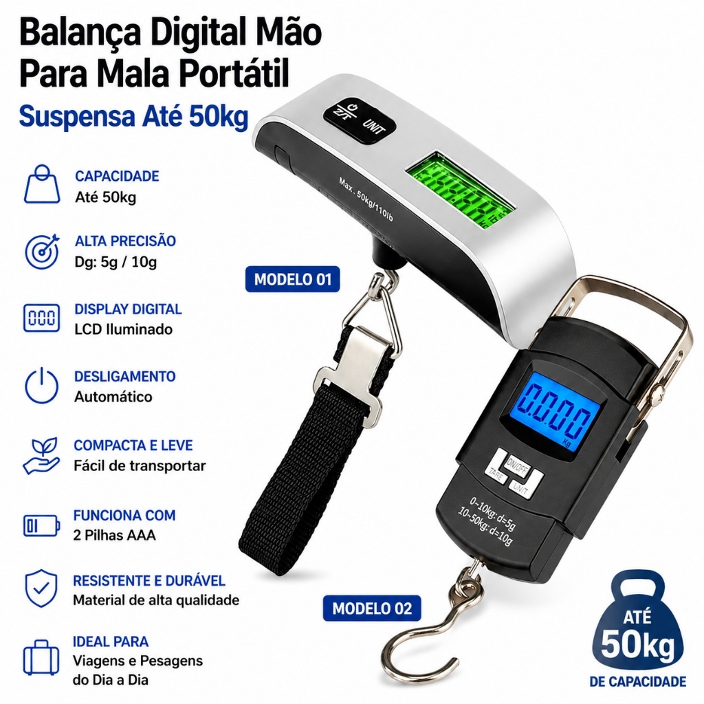 Balança Digital De Mão Até 50kg Viagem Mala Bagagem Pesca Gancho LCD