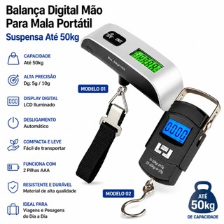 Balança Digital De Mão Até 50kg Viagem Mala Bagagem Pesca Gancho LCD