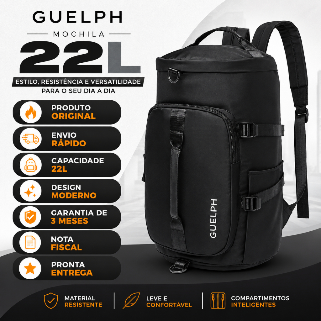 Mochila Academia Casual Guelph 22L Reforçada Viagem Trabalho Poliéster Resistente Preta