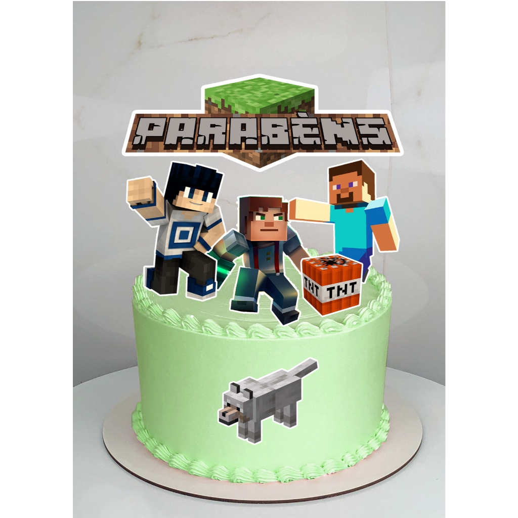 Topo Topper de Bolo tema Minecraft Personalizado com Nome e Idade em Papel Glossy 180g
