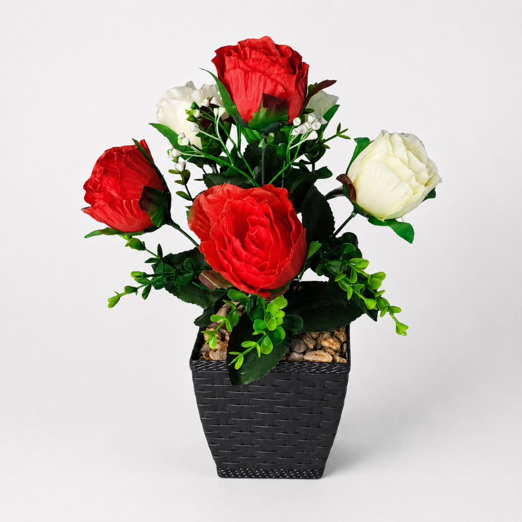 Flores Artificiais Vermelho E Branco Com Vaso Decorativo 30cm Para Ambientes