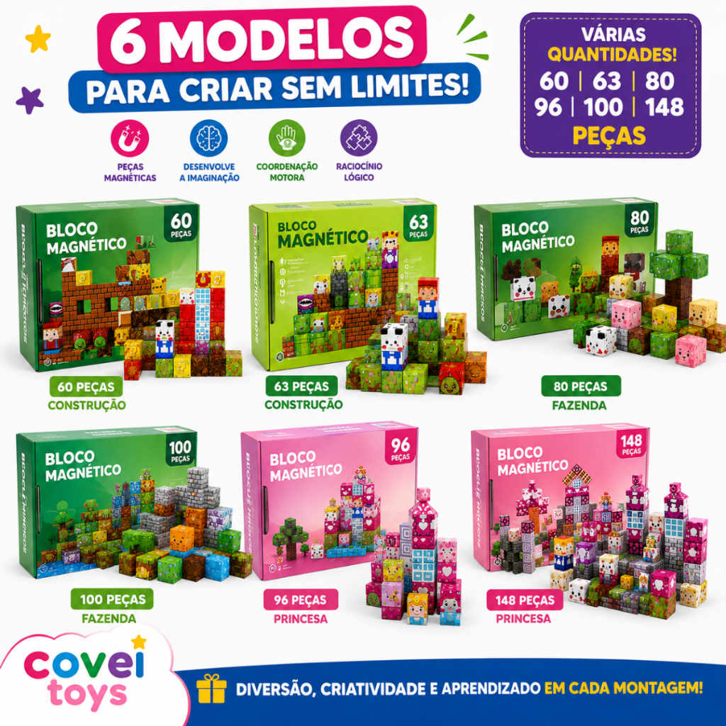 Blocos Magnéticos Infantil Educativo Cubos 60 A 148 Peças Construção Com Ímã Temas Estilo Minecraft