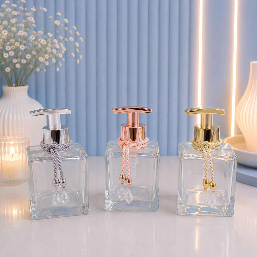 Frasco de Vidro Luxo 250ml com Válvula Rosé, Dourada ou Prata + Pingente – Refil Sabonete ou Aromatizador