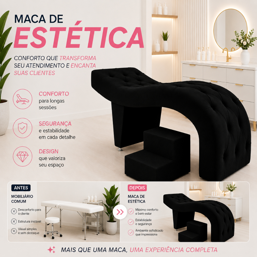 Maca de Estética para Massagem Cílios Fixa Lash Estofada com Escada PU Preto G83 - Gran Belo