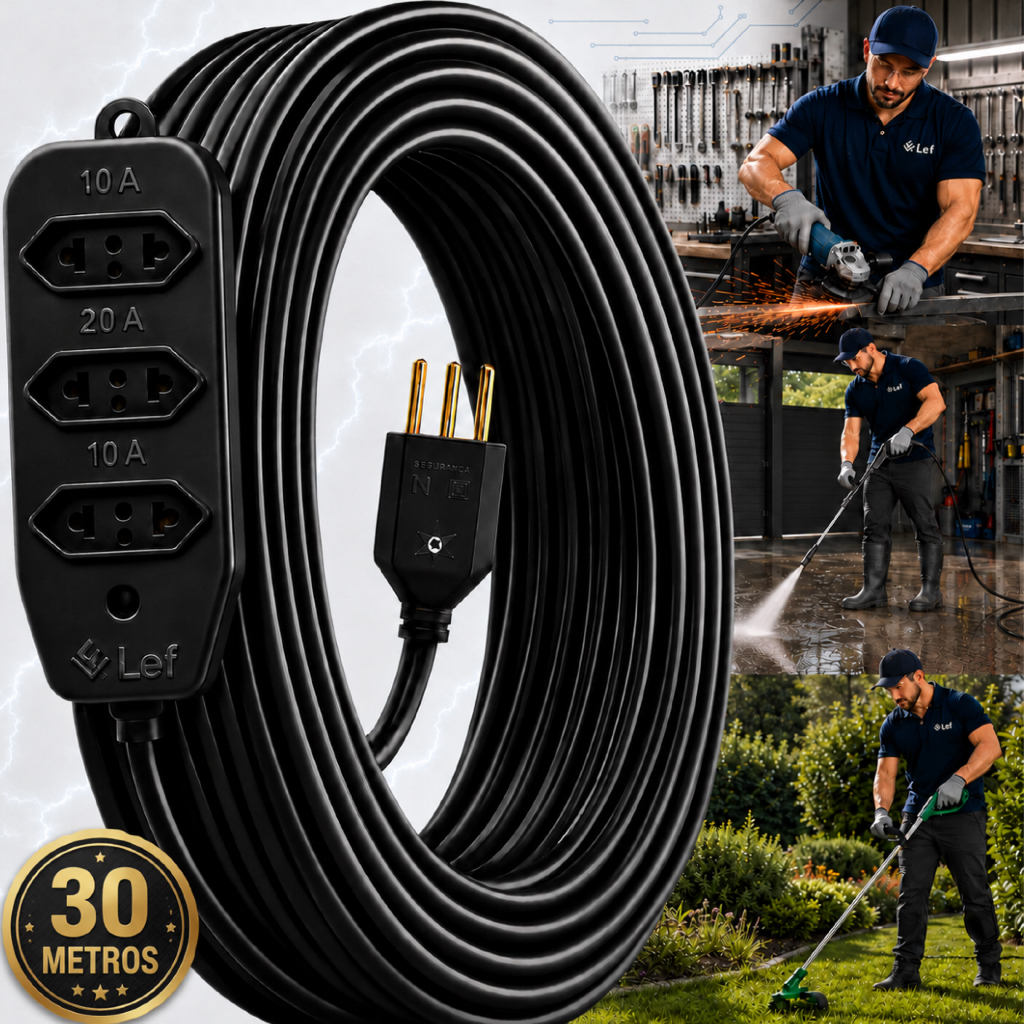 Extensão Elétrica 30m Cabo Pp Reforçada Obra Profissional 10/20a Longo alcance Multiuso flexível