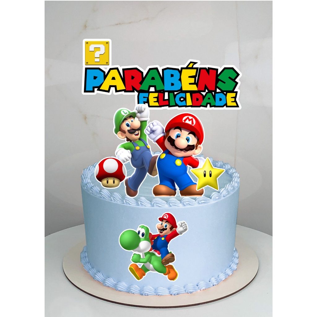 Topo Topper de Bolo tema Super Mário personalizado com o Nome e Idade em Papel Glossy 180g