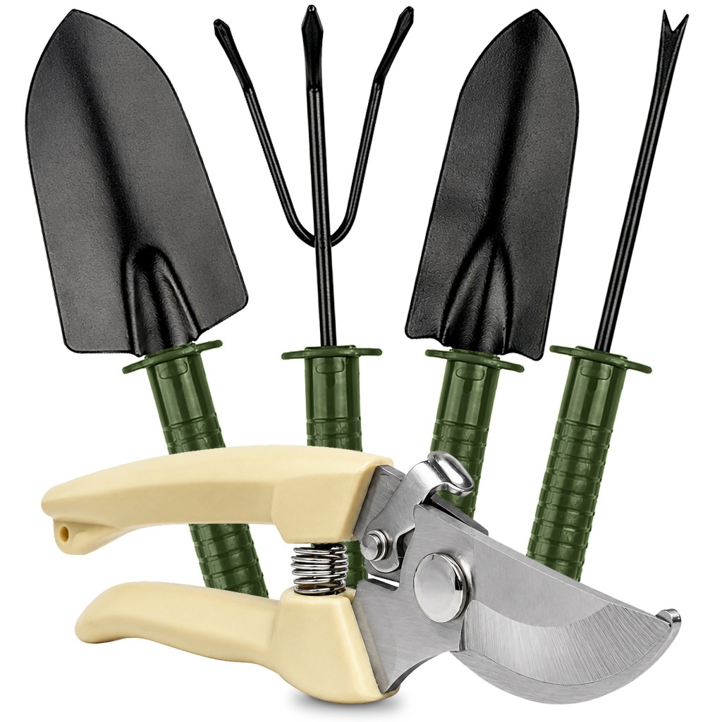 Kit Jardinagem Conjunto 5 Peças 25cm Ferramentas de Jardim Em Aço Cabo Madeira Pazinha Alicate Poda