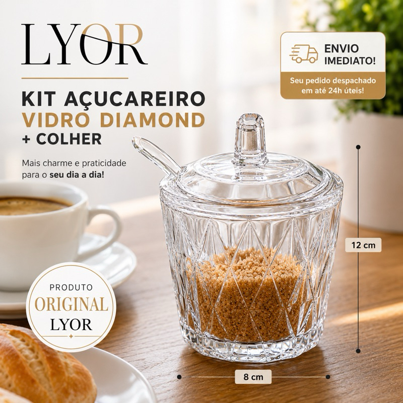 Açucareiro Vidro com Colher Diamond Vidro Cristal LYOR Porta Açúcar Mesa Posta Café e Cozinha