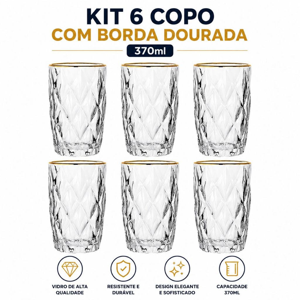 Copo Fio de Ouro Borda Dourada 370ml Diamond jogo com 6