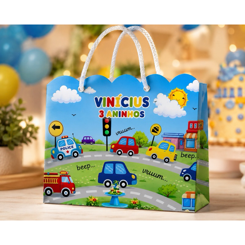 Sacolinha CARROS COLORIDOS Personalizada / Bolsinha Lembrancinha Aniversário / PEGUE E MONTE