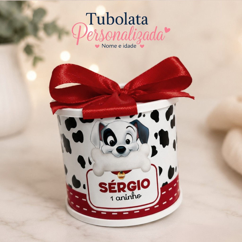 KIT TUBOLATA PERSONALIZADA- 5X6 DÁLMATAS-LEMBRANCINHAS-CHÁ DE BEBE-MATERNIDADE-ANIVERSÁRIO