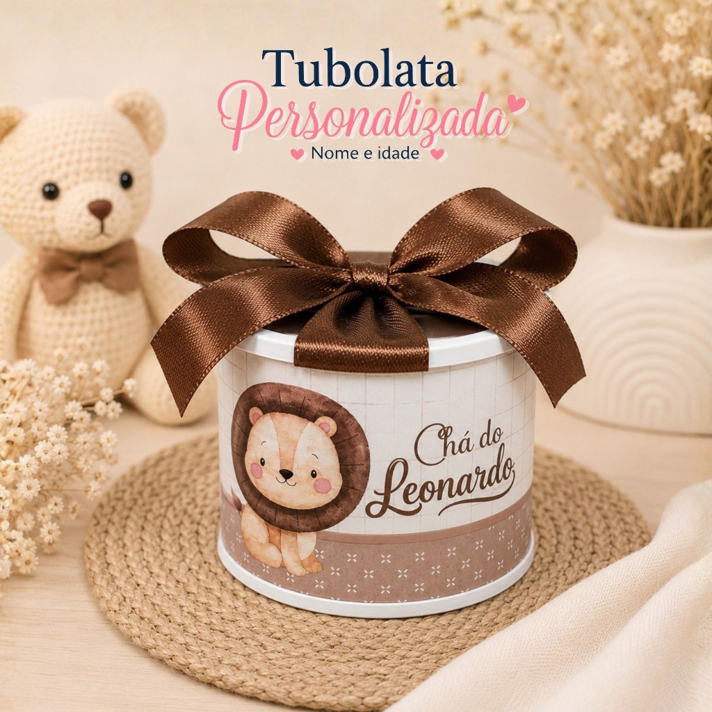 KIT TUBOLATA PERSONALIZADA 5X6-LEÃOZINHO-LEMBRANCINHAS-CHÁ DE BEBE-MATERNIDADE-ANIVERSÁRIO