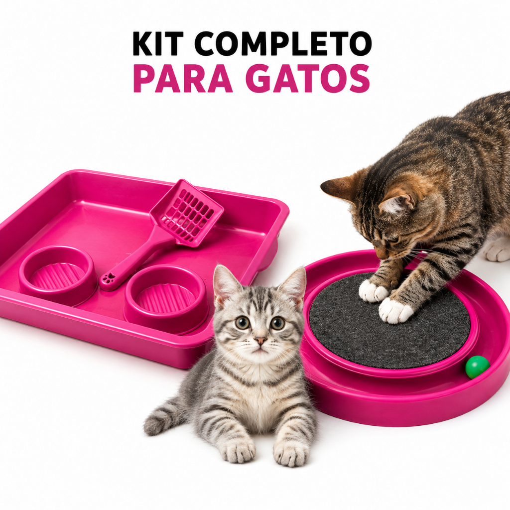 Kit Caixa de Areia para Gatos Bandeja e Peneira e Comedouros + Arranhador Redondo Interativo com Bolinha