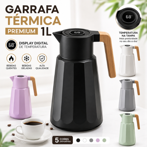 Garrafa Térmica 1L Café Com Display Digital Temperatura Bule Luxo Alça Madeira Cozinha Mesa Posta Premium