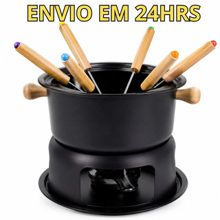 Kit Jogo Panela Conjunto Fondue 11 Peças Aço Inox E Madeira Carne Chocolate Queijo Jantar…
