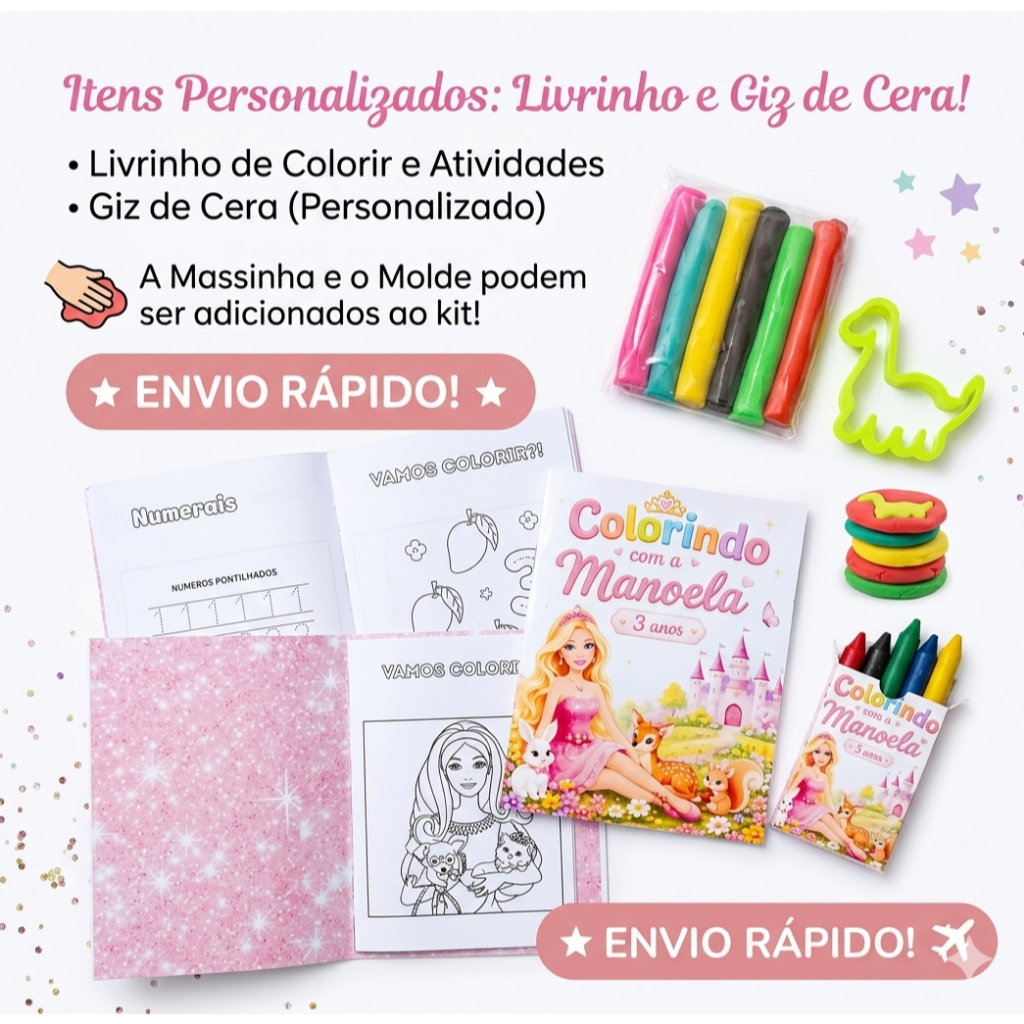 Kit Colorir Barbie Livrinho De Atividades Personalizado + Giz De Cera Lembrancinha Aniversário Infantil
