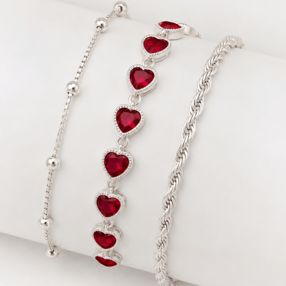 Kit 3 Pulseiras Femininas Prata 925 Coração Pedrinha Bolinhas Cordão Baiano Semijoia Presente