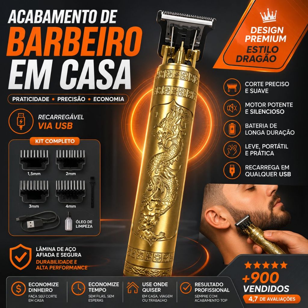 Máquina de Cortar Cabelo e Barba Profissional Recarregável USB Dragão 4 Pentes Lâmina de Aço - NYBC